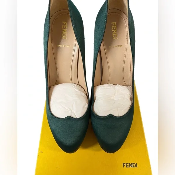 Fendi Hunter Green Satin Deep Platform Heels - Picture 5 of 11
